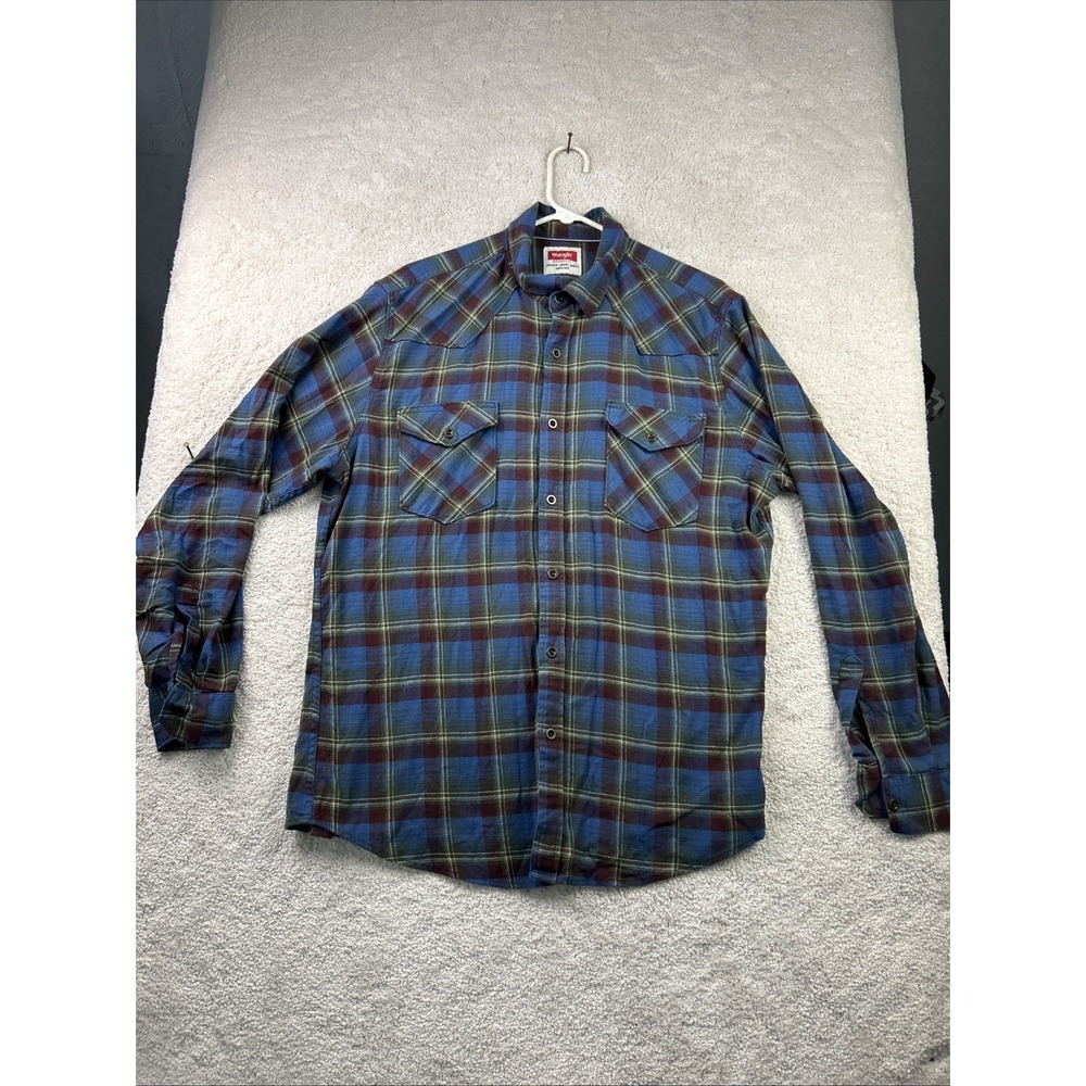 All Terrain Gear Wrangler Button‎ Down Plaid Blue Flannel Shirt Mens Large